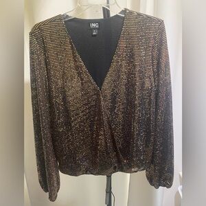 INC International Concepts Women's Black and Gold Shimmer Blouse